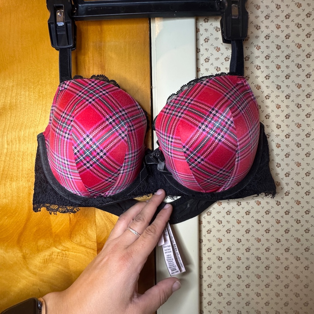 Victoria's Secret Red Plaid and Black Lace Bra